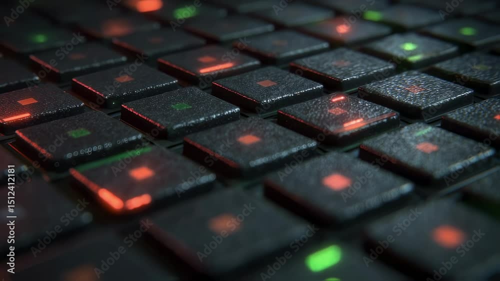Poster programmable matter tiles with embedded microprocessors and sensors are glowing softly, indicating f