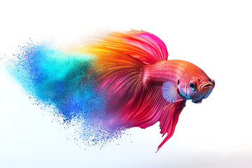 Fototapeta premium Vibrant Betta Fish Swimming Through Colorful Ink Splashes in a White Background