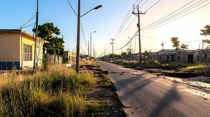 Empty Street Under Sunny Daylight In Rural Neighborhood