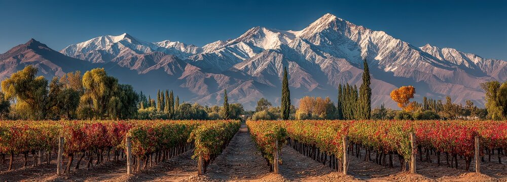 Vibrant vineyard in Mendoza with ripe Malbec grapes and Andes mountains in summer sunlight