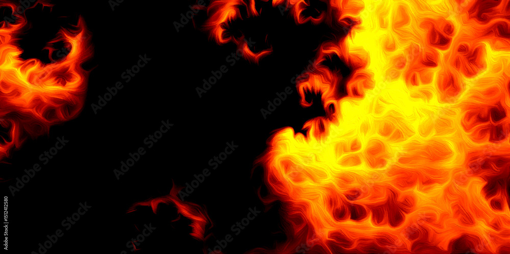 Wall mural fire flames on a dark background. fiery lava abstract texture patterns and intense red-orange glow i