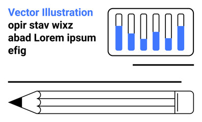 Pencil and horizontal lines, bar graph with blue markers, and placeholder text for design layouts. Ideal for education, design, creativity, writing, analytics, data visualization simple landing page