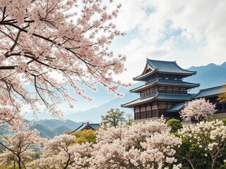 Fototapeta premium Traditional Japanese Landscape, Spring Cherry Bloom