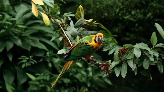 Colorful macaw bird perched on a branch, vibrant plumage and captivating gaze, set against a lush tropical forest backdrop.