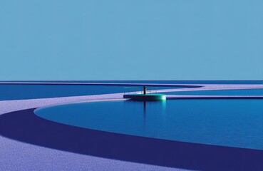 Obraz premium Expansive blue landscape featuring a lone structure surrounded by smooth water and vibrant colors at sunset