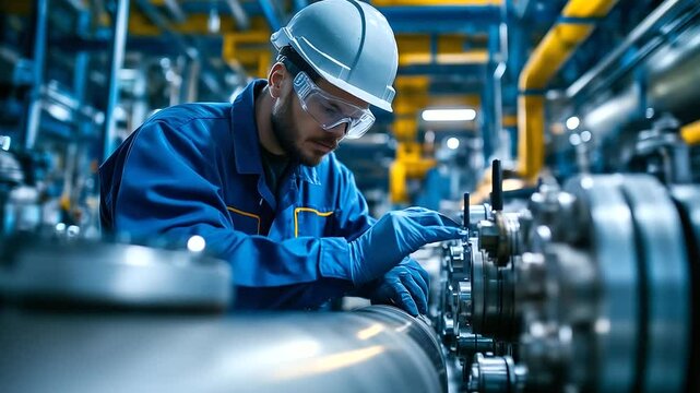 A macro view of a technician fine-tuning a cryogenic LNG tank valve, shimmering metal surfaces and complex pipework reflecting light, emphasizing the precision and high stakes of g