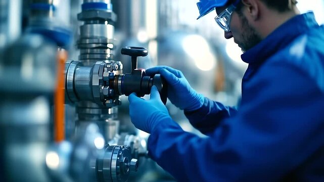 A macro view of a technician fine-tuning a cryogenic LNG tank valve, shimmering metal surfaces and complex pipework reflecting light, emphasizing the precision and high stakes of g