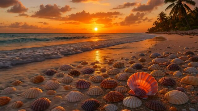 V&iacute;deo Gerado por IA de Praia com Conchas e Ondas para Relaxamento e Projetos Tur&iacute;sticos

