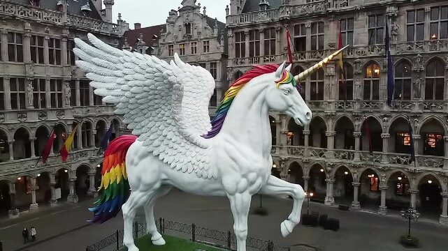 Cinematic Rainbow Unicorn Statue with Wings in Historic European Plaza &ndash; LGBTQ Pride Symbol, Fantasy Public Art, Mythical Creature in Urban Architecture Background
