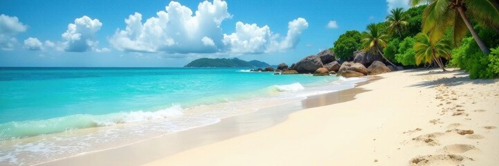 Obraz premium Sun-drenched sand, turquoise waves lap gentle shore, lush island backdrop, holiday, white, water