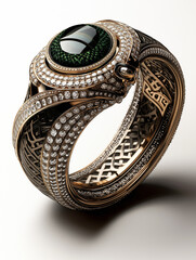 Jewellery design: precious golden bracelet  decorated with small diamonds and a big green gemstone with elaborated design, 3d rendering