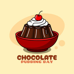 National Chocolate Pudding Day to celebrate on June 26th. A bowl of chocolate pudding topped with cream and cherries on bright yellow background. Dessert event banner.