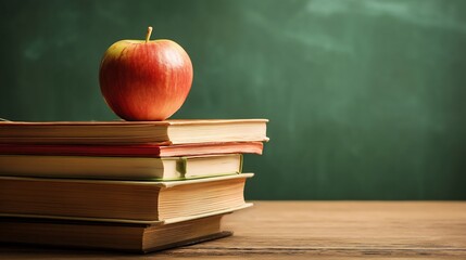 Realistic shot of stacked textbooks with apple on top green background warm classroom lighting traditional back to school concept overlay cut out on isolated transparent removed background