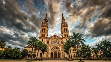 Obraz premium Twin Towers Cathedral Under Cloudy Sky, Palm Trees
