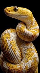 Fototapeta premium Close up of vibrant yellow and white snake A close-up of the head and body, showing detailed scales in shades of yellow with white stripes