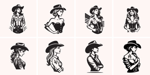 Obraz premium Black and White Cowgirl Illustration – Western Vintage Art Style