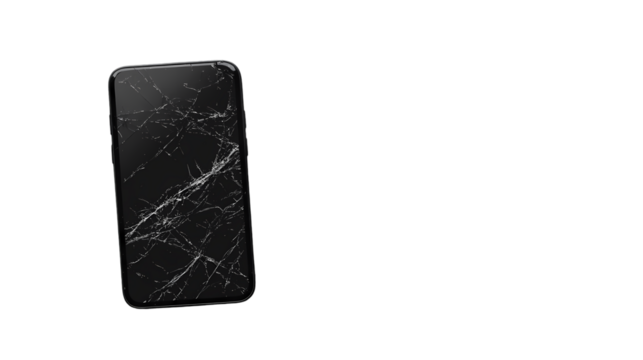 A cracked black smartphone screen displayed on a black background with visible damage and shattered glass isolated on transparent background