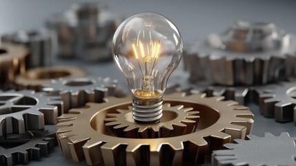 Glowing lightbulb surrounded by mechanical gears symbolizes invention. Industrial design blends creativity and engineering. AI generated.