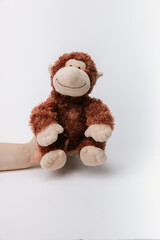 Monkey stuffed animal sitting on a white background