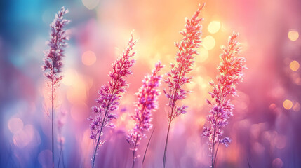 Obraz premium Beautiful pink flowers in soft sunset light nature photography scenic summer meadow wildflowers blooming pastel.