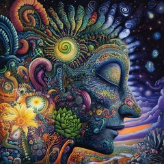 Obraz premium Psychedelic Head Portrait A Vibrant Fusion of Nature and Cosmos