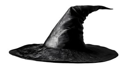 A grayscale image showing a single witch hat with a pointed top and a wide brim on black background isolated on transparent background