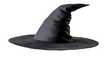 A dark witch hat with a pointed top and a wide brim on a black background in a studio setting isolated on transparent background