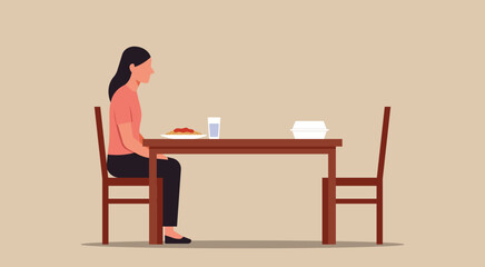 Woman sits alone at a dinner table set for two with a food box on the other side, concept of quiet grief, loneliness, or emotional absence, flat vector illustration