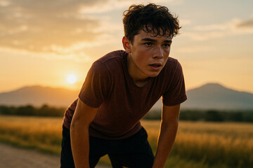 Exhausted runner leaning forward on a path during a golden sunset in a rural landscape