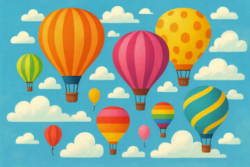 Obraz premium Whimsical Hot Air Balloons Soaring Through a Vibrant Sky A Colorful Cartoon Illustration