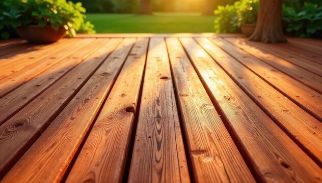 Newly laid red cedar deck planks, warm wood tones, home exterior, surface