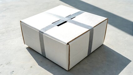 A close up perspective of a sealed cardboard box securely taped on a concrete surface with a shadow.