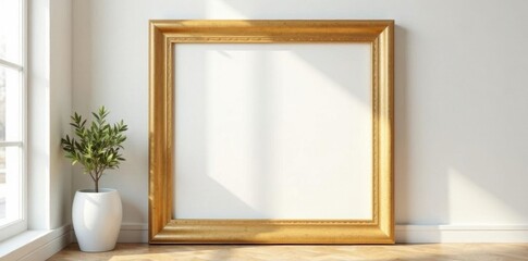 Simple golden wood picture frame, clean background , design element, gold, wood frame