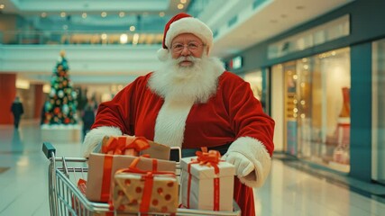 Santa Claus, dressed in his traditional red suit, is seen pushing a shopping cart filled with wrapped gifts through a brightly lit shopping mall, surrounded by storefronts and holiday decorations. - Powered by Adobe