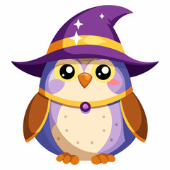 Fototapeta premium Cute cartoon illustration of a happy Halloween witch with an owl and a funny cat character, isolated on white