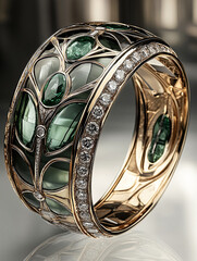 Jewellery design: precious golden wristband bracelet decorated with small diamonds and splendid transparent aquamarine gemstones, 3d rendering