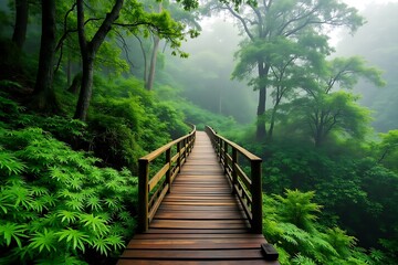 Obraz premium Misty forest path wooden bridge tranquil nature scene