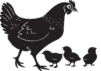 Hen and chicks silhouette vector design with white background .