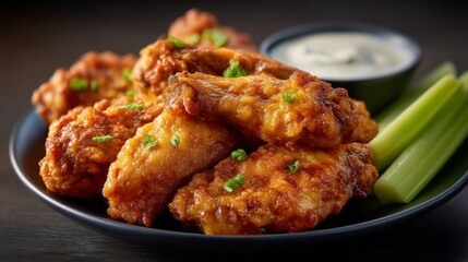 Juicy buffalo chicken wings are plated with crisp celery sticks and a bowl of delicious creamy sauce for dipping, perfect for a casual gathering or game day feast