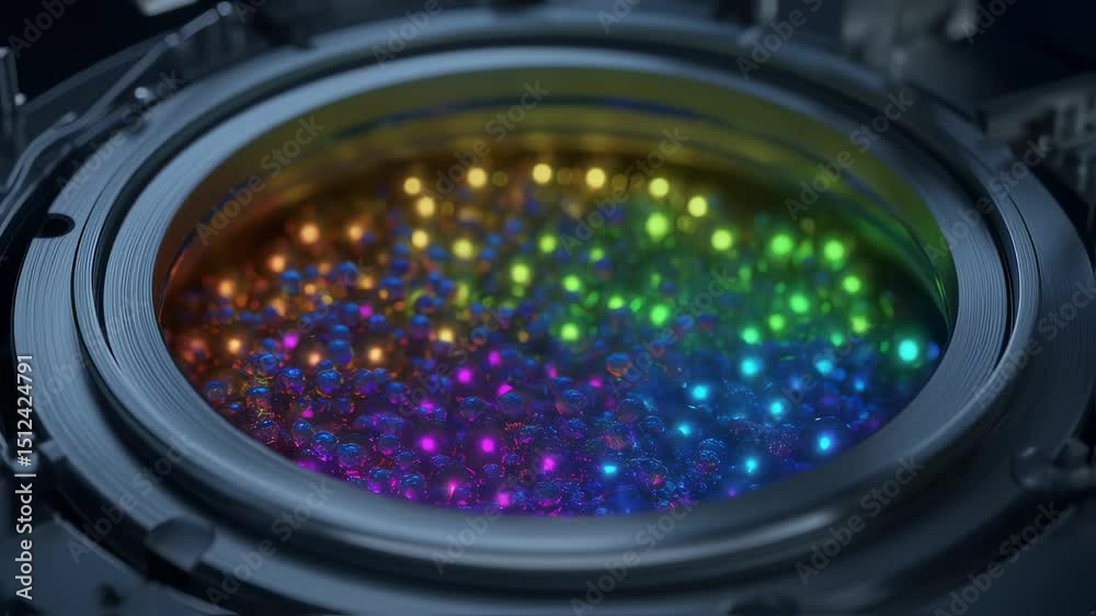 Poster quantum dots, illuminated in a spectrum of vibrant shades, are being separated by size and color wit