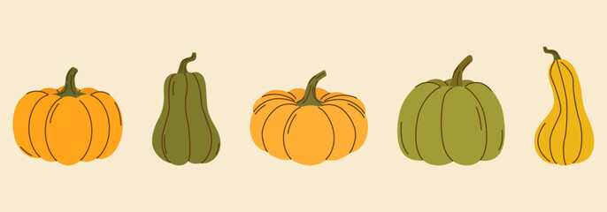 Set of colorful pumpkin icons. Vector illustration perfect for autumn, harvest, Halloween, Thanksgiving, and seasonal design projects.