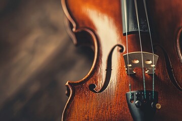 Fototapeta premium Close-up violin with soft lighting highlighting wood grain and strings, set against neutral background. Perfect for classical music concepts, instrument showcases and artistic compositions