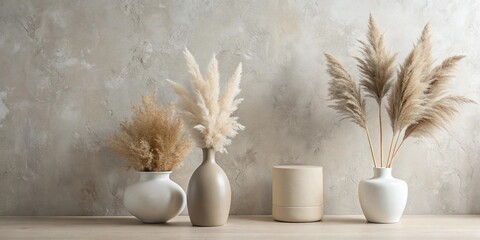 Modern Neutral Ceramic Vases with Pampas Grass – Minimalist Background for Marketing, Text, and Logo Placement