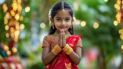 Sri Lankan Avurudu girl in traditional red Redda Hatte outfit, standing gracefully with hands together in Ayubowan pose
