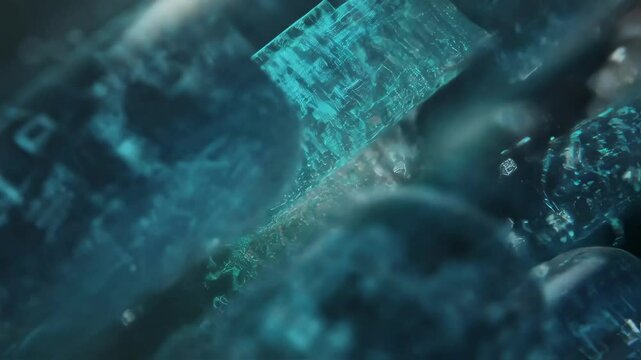 Microscopic detail of a futuristic piezoelectric inkjet printer meticulously inscribing intricate qr code patterns onto the surface of transparent blue and green medicinal capsules