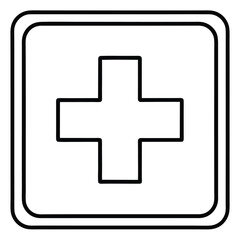 Red Cross First Aid Symbol in Square Outline for Medical and Healthcare Signage Design with Emergency Assistance Indication

