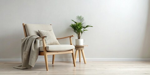 Scandinavian Minimalist Interior Scene – Wooden Chair, Plant, Neutral Wall – Perfect for Ads, Marketing Design, Branding, Logo Mockup, and Product Presentation
