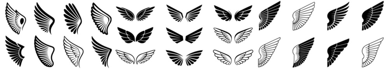 Angel and Bird Wings Vector Icon Set in Black and White Styles
