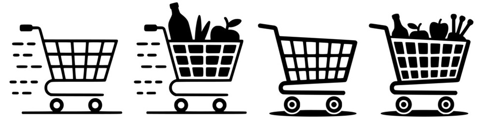 Shopping Cart Vector Icon Set – Full and Empty Grocery Trolley Silhouettes