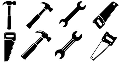 Hand Tool Icon Set – Black Silhouettes of Hammer, Wrench, and Saw